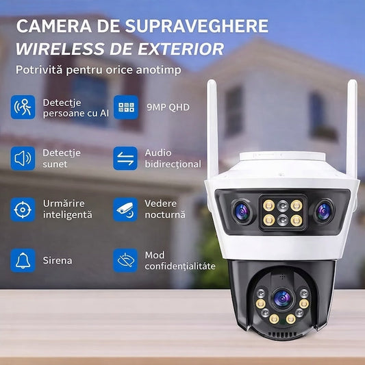 Camera de supraveghere WiFi Jortan 6 - 9MP(3+3+3), Full HD, exterior sau interior, senzor de miscare, vedere de noapte, microfon, difuzor, aplicatie Yoosee