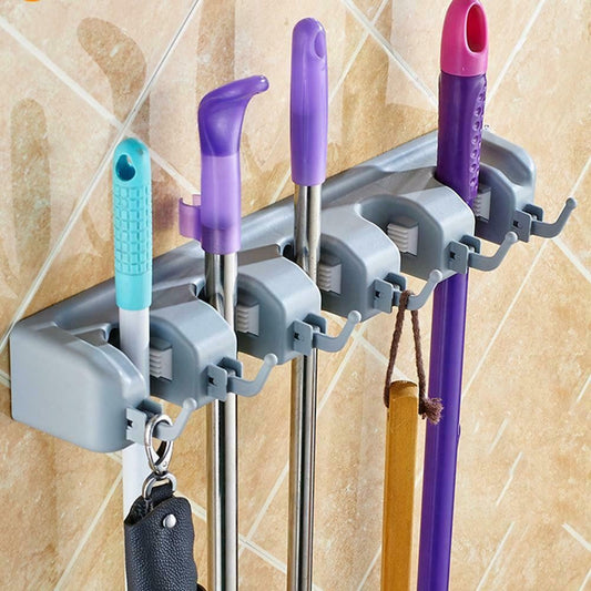 Suport multifunctional pentru mopuri si maturi Gigicial, compact, cu drenaj, 30x10x5cm