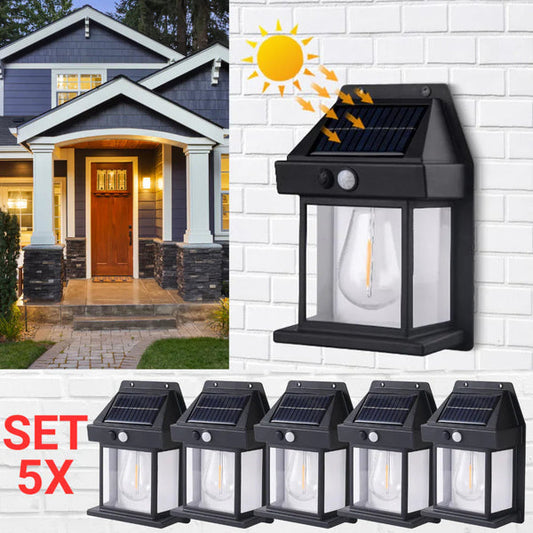 Set 5 x Lampa Solara de Perete în Forma de Felinar, cu Senzor de Miscare, 18W