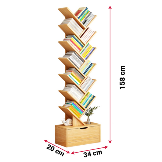 Raft modern pentru depozitare carti, organizator din lemn in forma de copac 158x34cm