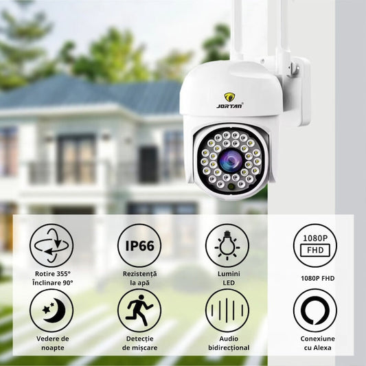 Camera de supraveghere WiFi Jortan JTZ-8161QJ 2MP, Full HD, exterior sau interior, alarma, senzor de miscare, vedere de noapte, mesaje push, microfon, difuzor, aplicatie Yoosee, Alb