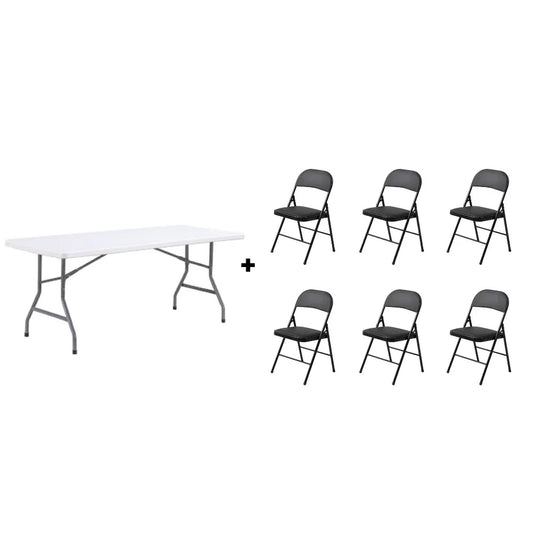 Set Mobilier Pliabil Evenimente: Masă 180 cm + 6 Scaune Ergonomice – Compact, Elegant, Ușor de Transportat
