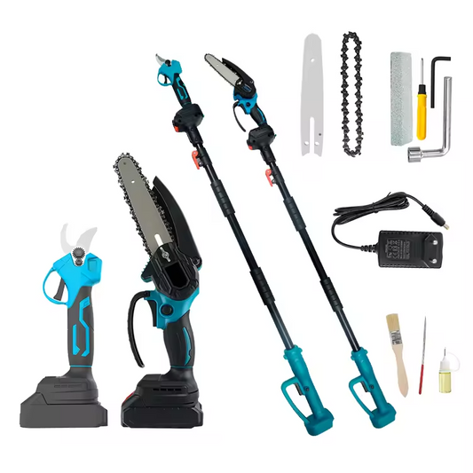 Set foarfecă gradina și mini drujbă , 2 acumulatori 48V , cu braț 2.13m telescopic ,unghi de tăiere reglabil, cu Tija Telescopica 2.5M