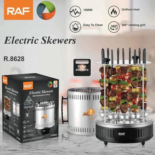 Grătar Electric Vertical RAF R.8628 – 1500W, 11 Frigărui Rotative, Gătit Rapid și Ușor